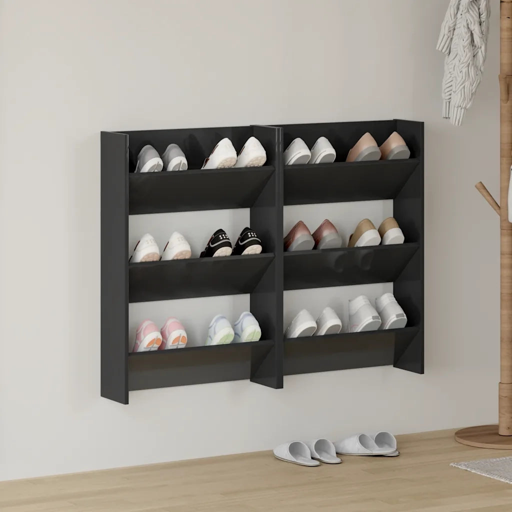 Scarpiere a Muro 2pz Nero Lucido 60x18x90cm Legno Multistrato 806774