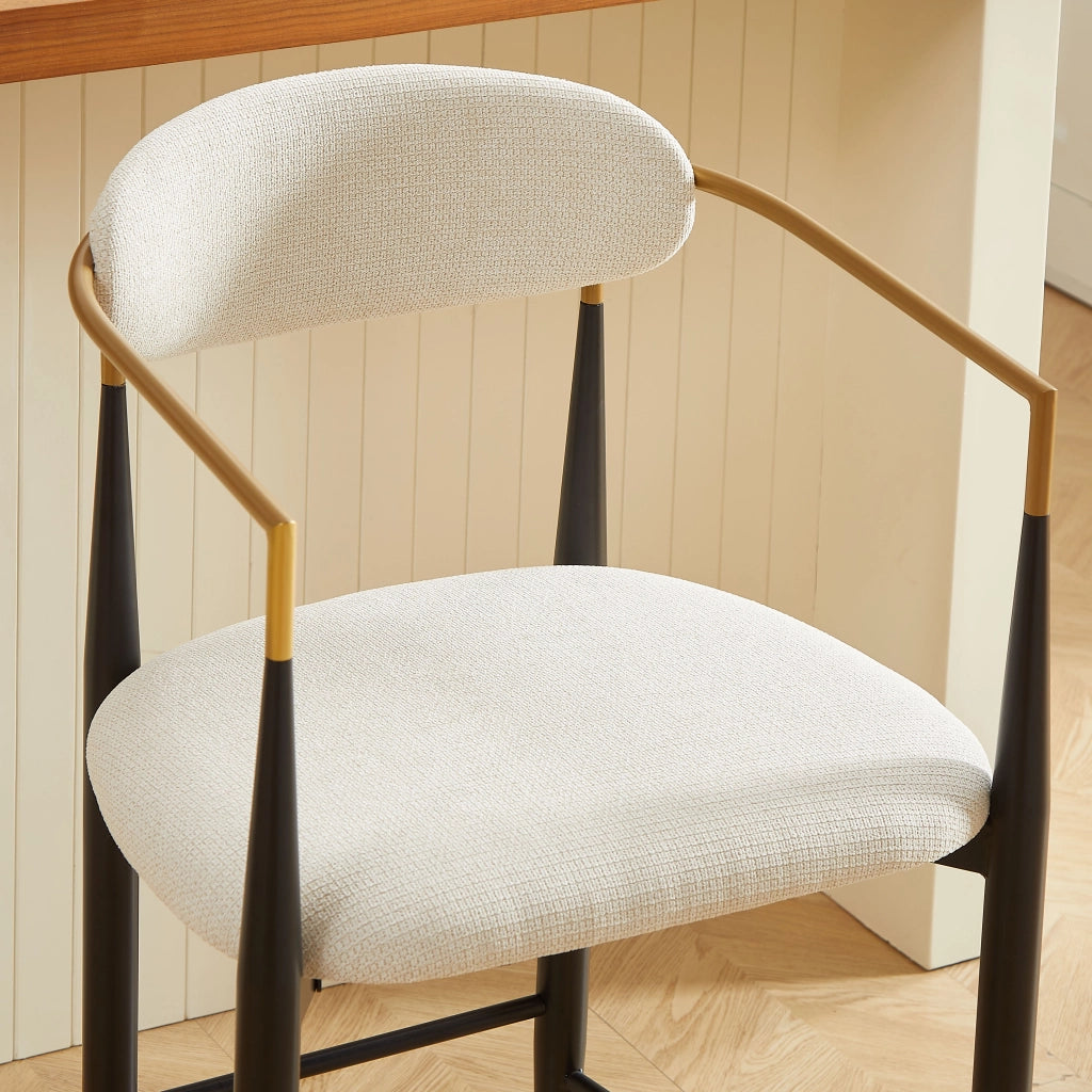 Set di 2 sgabelli da bar con braccioli; schienale e struttura nero oro in tessuto beige per cucina