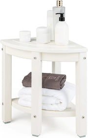 Sgabello Doccia, Sedia da Bagno Angolare in Polietilene con Ripiano, Sedile Multiuso a 2 Livelli per Uso Interno o Esterno, 32,5x32,5x43,5 cm, Capacità di Peso 150 kg (Bianco)