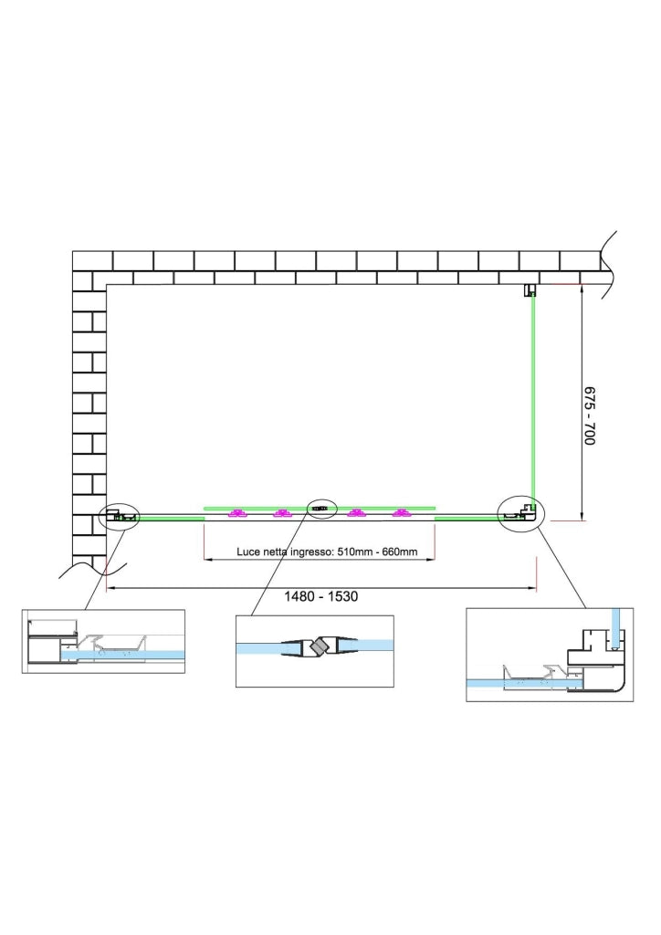Box doccia 6 mm H 190 parete fissa e porta a 4 ante con apertura centrale MISURA 67,5-70 ANTA FISSA + PORTA 148-153