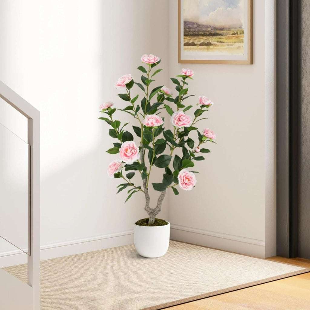 Albero di camelia artificiale da 90 cm, Pianta finta con fiori in vaso da vivai, Rosa e Verde-Piante artificiali