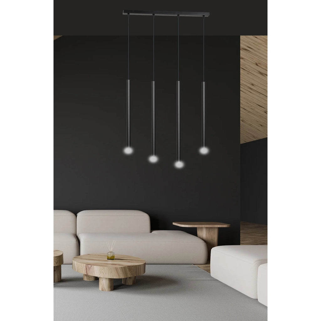 Lampadario 4 Luci Moderno Shu Acciaio Nero E Paralumi A Cilindri Sottili