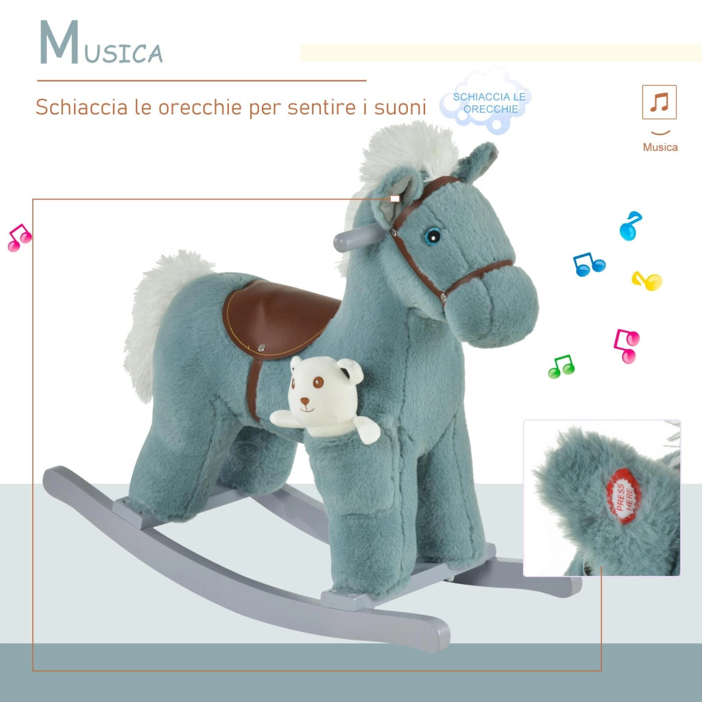 Cavallo a Dondolo in Peluche e Legno con Orsetto e Suoni Blu