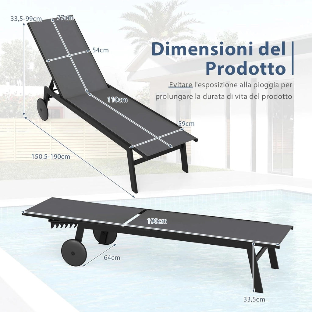 Lettino Prendisole da Giardino, Sdraio da Patio con Schienale Regolabile a 6 Posizioni, Tessuto Traspirante, 2 Ruote, per Piscina, Terrazza e Giardino, Portata 150 kg (Grigio,1)