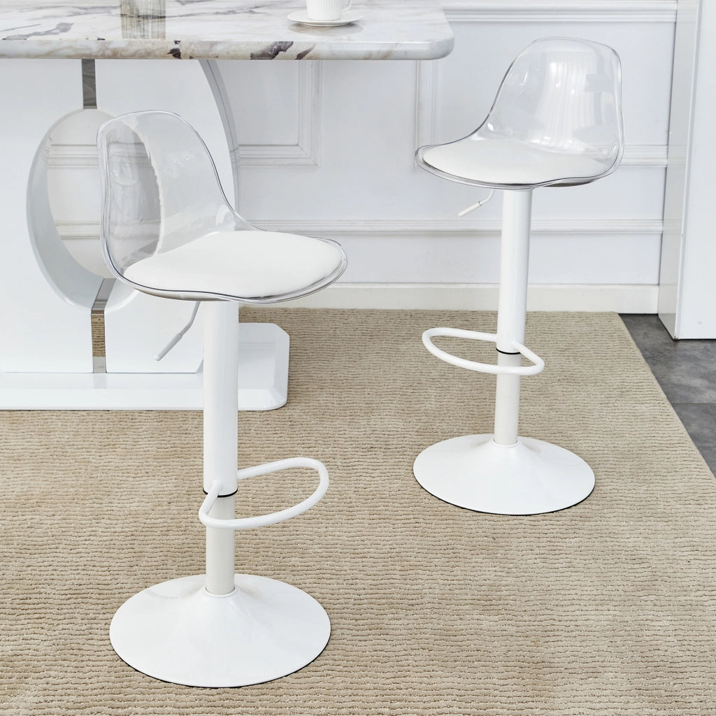 Sgabello da bar 2 pezzi con seduta girevole e schienale ergonomico, altezza regolabile, in metallo e plastica, Trasparente e Bianco