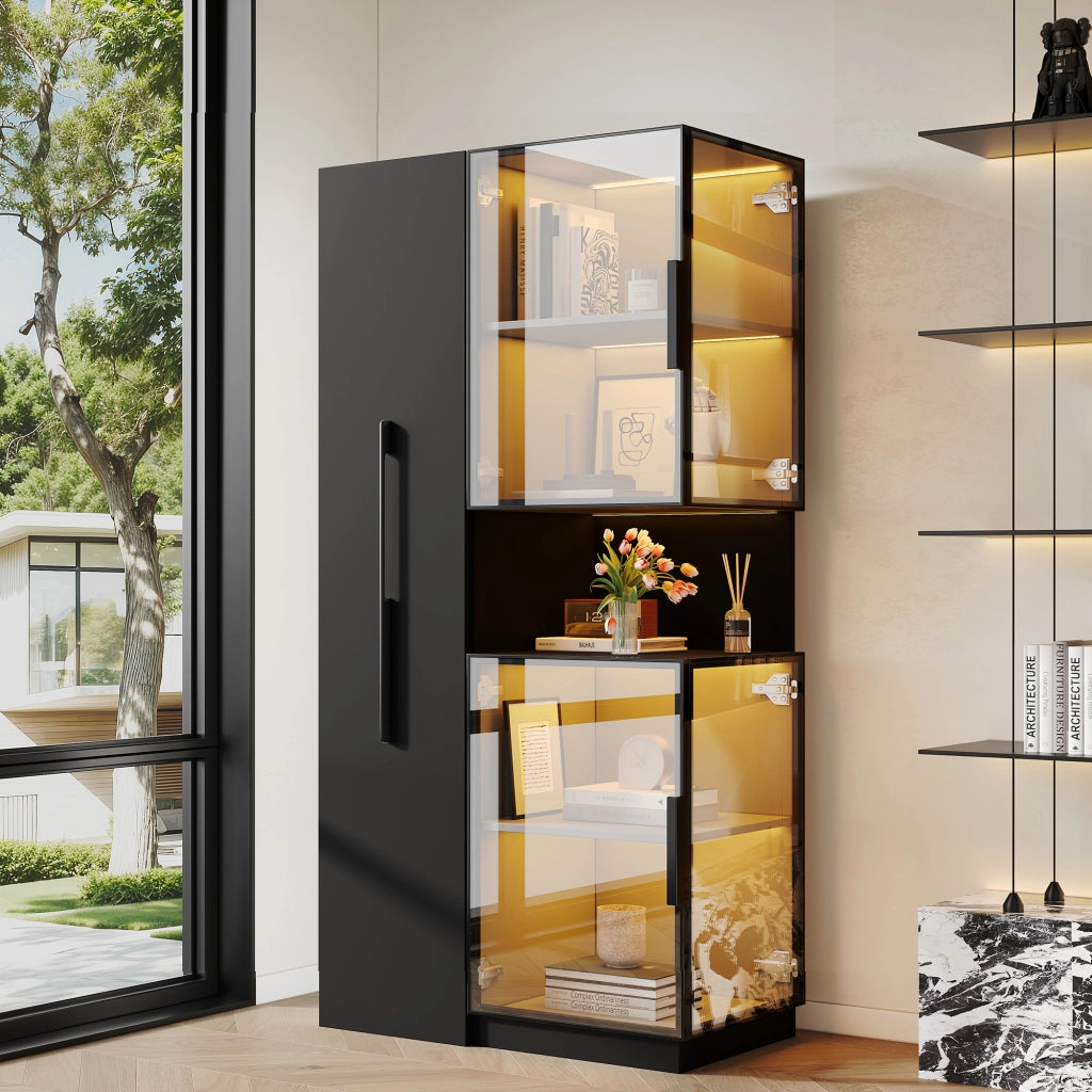 Vetrina in vetro 70×38×160 cm con ripiani estraibili, LED multicolore, MDF e vetro, colore nero