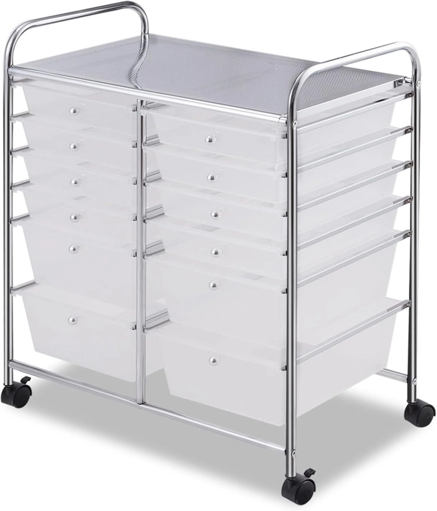 Carrello con 12 Cassetti con Ruote, Carrello di Stoccaggio Multiuso con Ampio Spazio di Archiviazione, Ideale per Casa Ufficio Domestico, 73,5 x 37 x 63 cm (Trasparente)