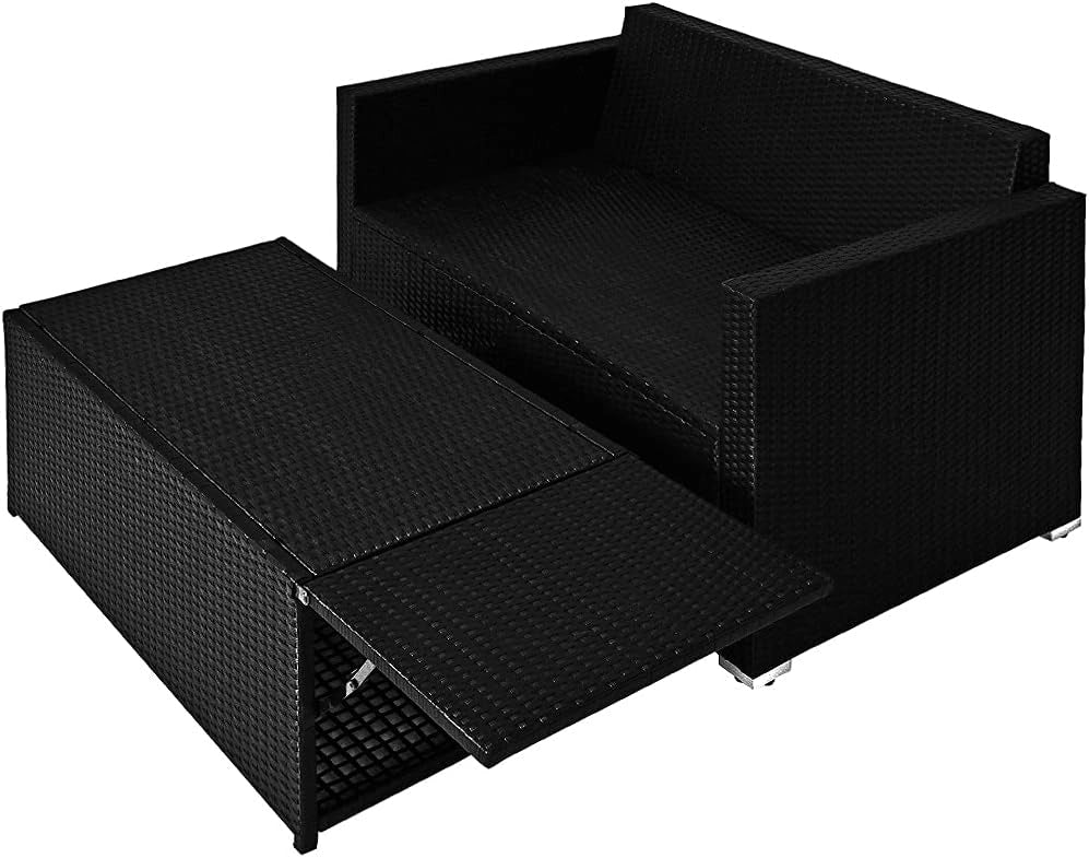 Casaria Divano Lounge 2 Posti Divanetto Nero con Cuscini Panna Pouf Mobile Chaise Longue Mobili Balcone