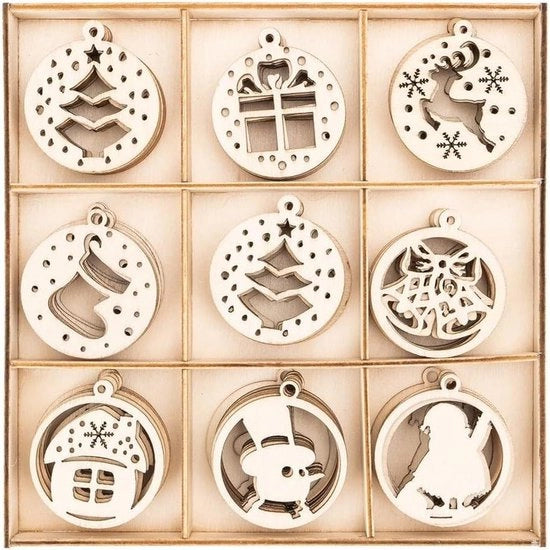 Decorazione per tavolo in legno | motivi in legno | decorazioni per albero | decorazioni per tavolo | 8 diversi disegni 63 pezzi con scatola in legno