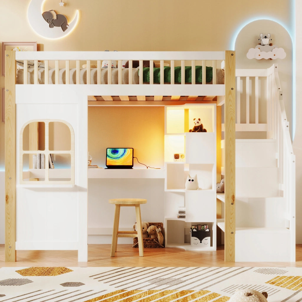 Letto a castello 90x200 LED con scrivania - Xylo - Bianco-marrone