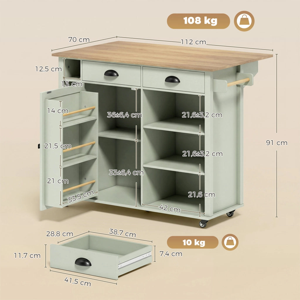 Tavolo da cucina allungabile con rotelle e cassetti ¨C zephmum ¨C verde 120x60x90 cm