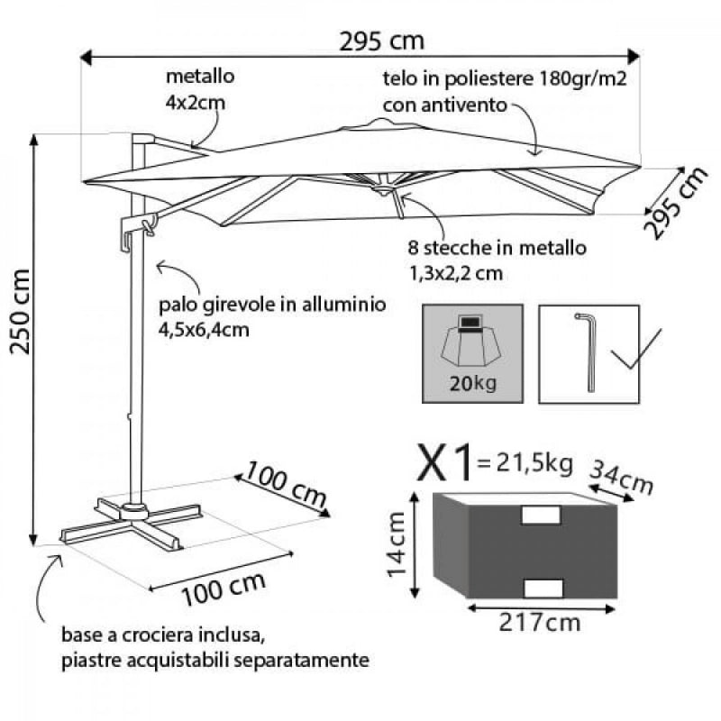 OMBRELLONE NEWTON NERO P/L 3 X 3 TELO ECRU