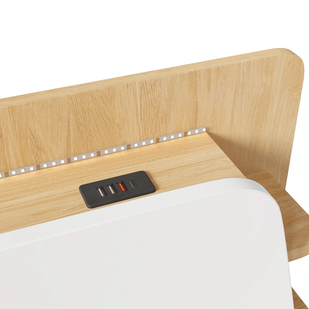 LETTO contenitore idraulico 140x200 cm pino bianco/naturale con USB Type-C e LED