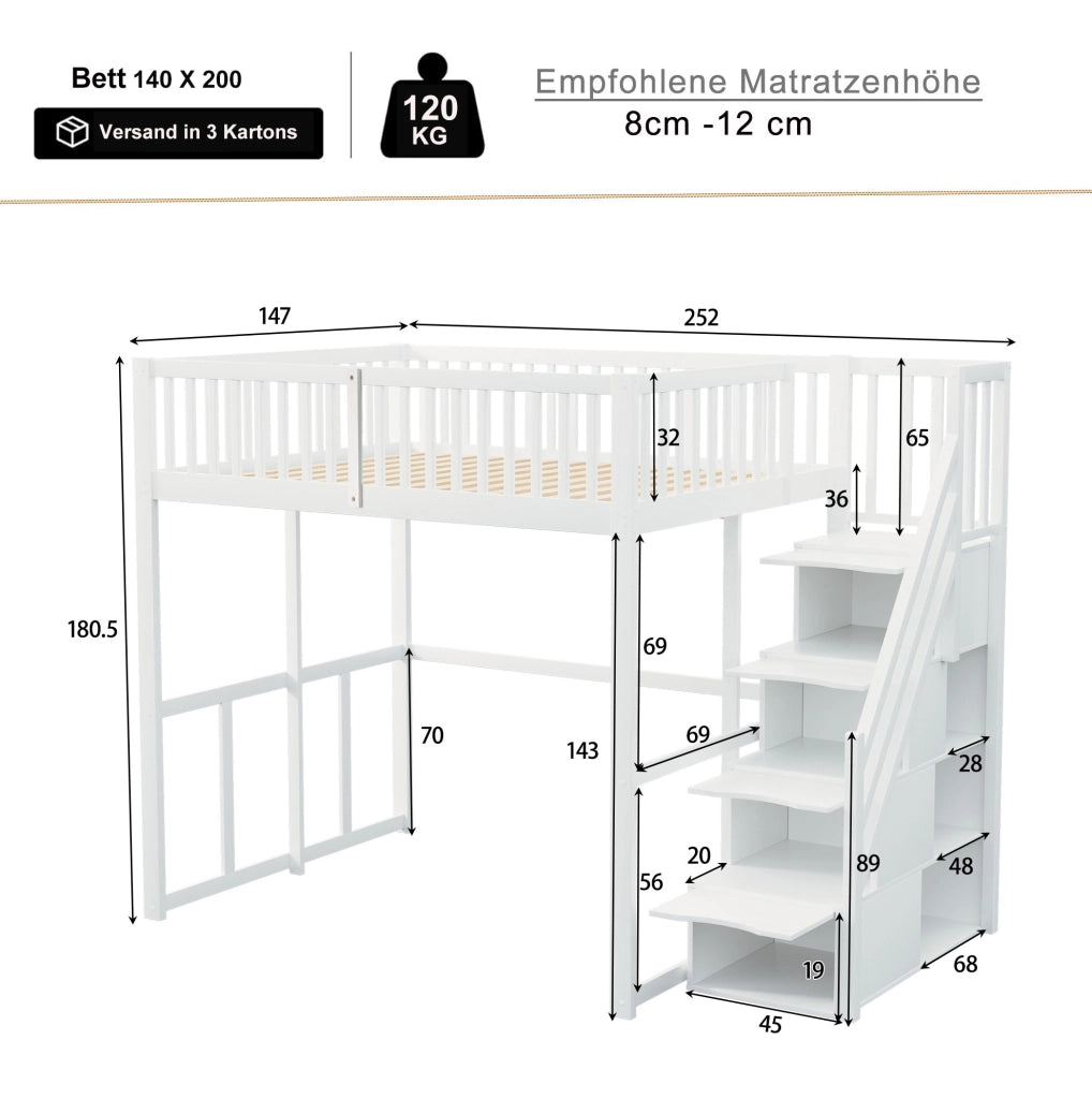 Letto a soppalco 140x200 cm con scala contenitore e sponda di sicurezza; in legno di pino bianco