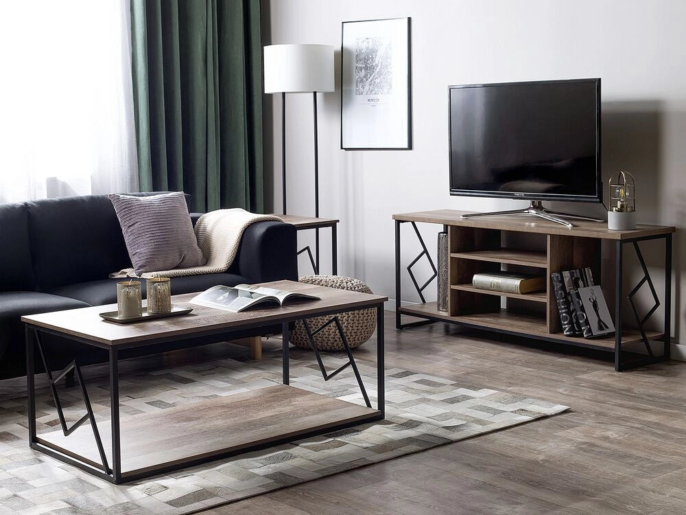 Mobile TV con finitura in legno scuro per TV fino a 60 pollici con struttura in metallo Nero con ripiani aperti