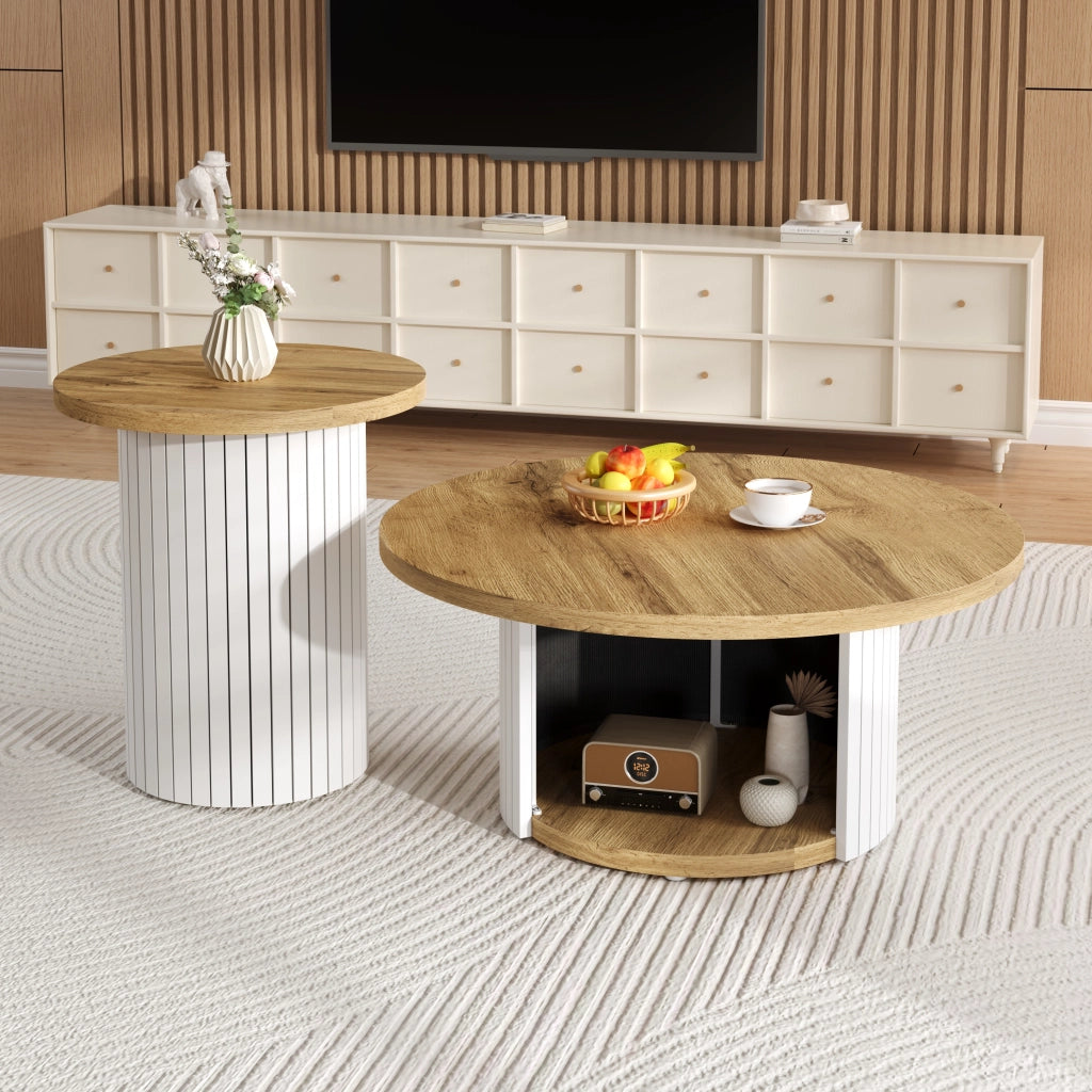 TAVOLINO da salotto rotondo set 2 pezzi 75x75x50+45x45x35 cm MDF naturale