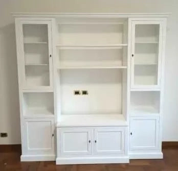 Parete attrezzata in legno arte povera bianca l.225x50x220 (575) - Mobili 2G