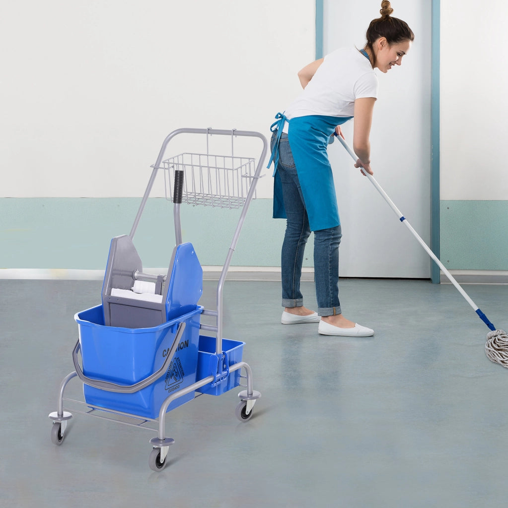 Carrello per pulizie ULEVR con secchio da 25 L, strizzatore, cestello e 4 ruote, blu