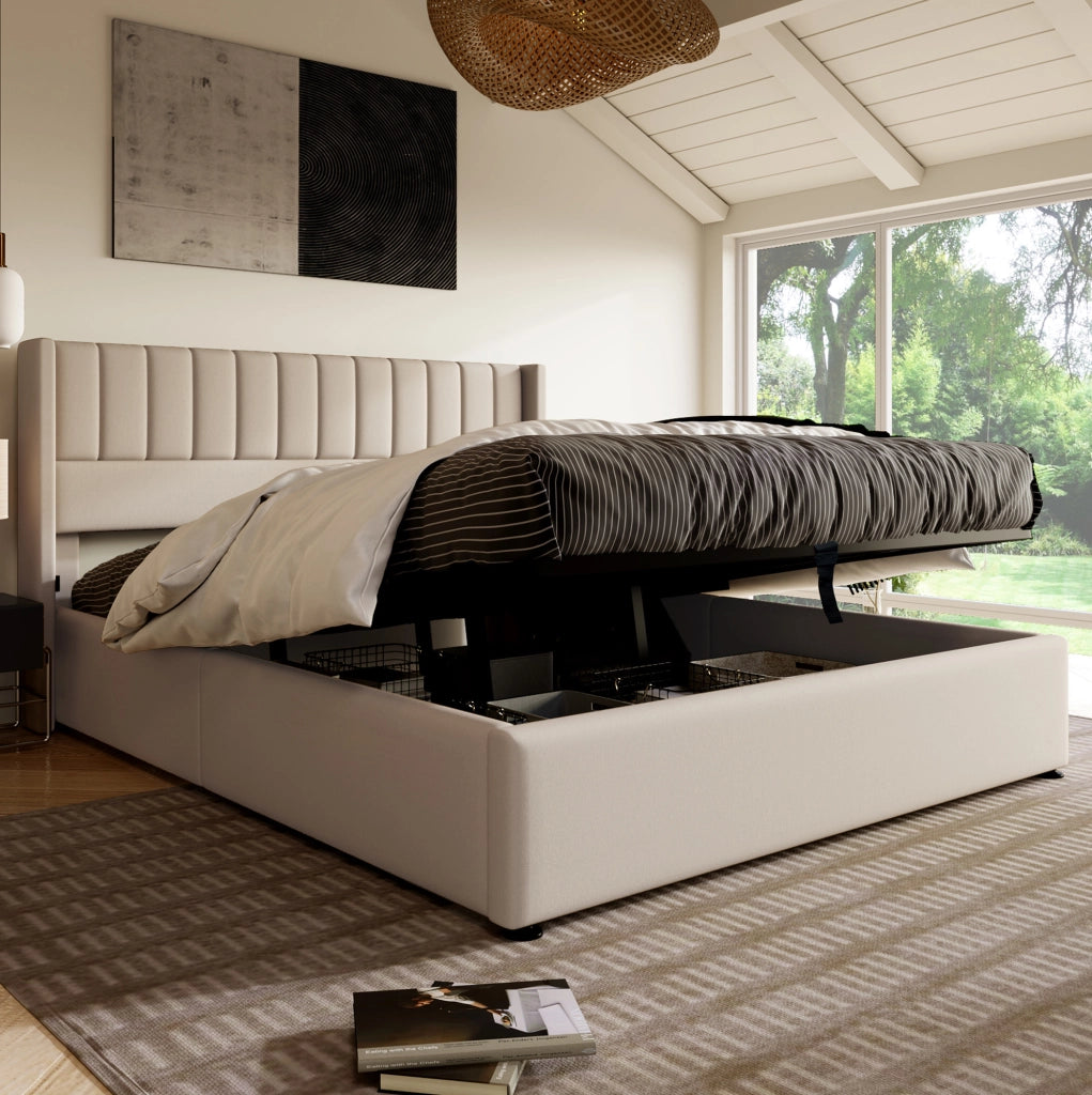 Letto matrimoniale contenitore con alzata idraulica 140x200 cm in lino beige