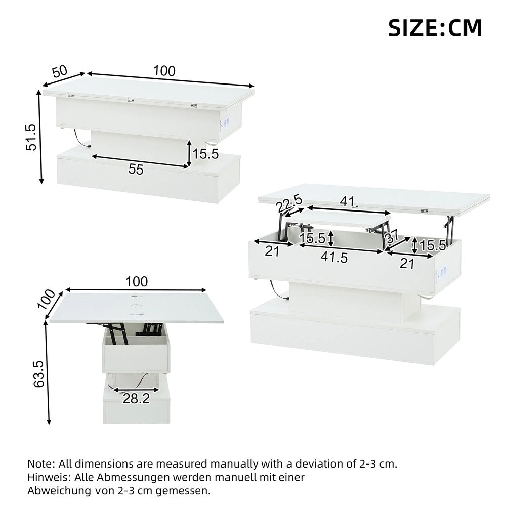Tavolino da Caff¨¨ con LED e Presa USB ¨C MINIMAL ¨C Bianco, Piano Alzabile, 100x50x51.5