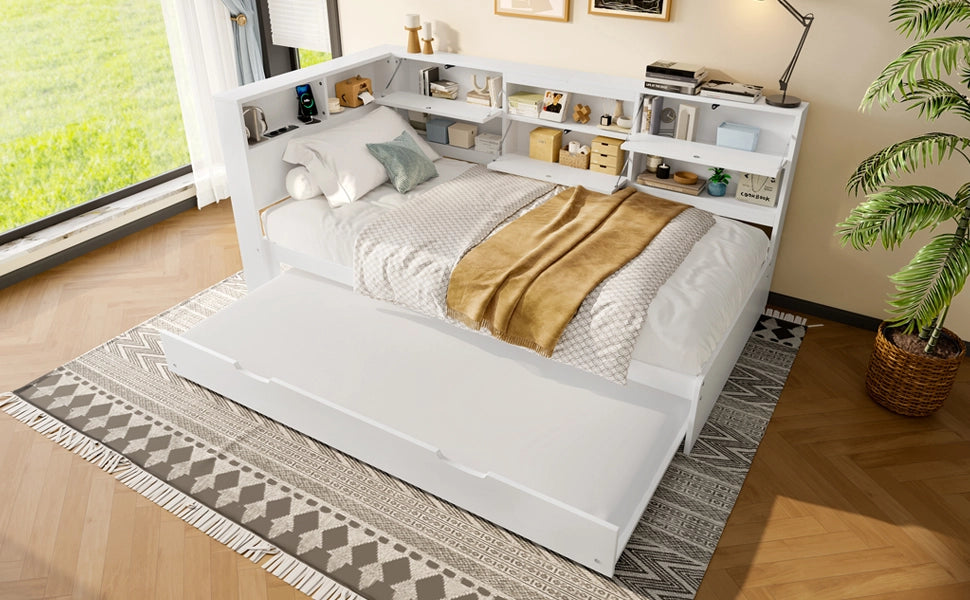 DESMIU Letto singolo 90 × 200 cm con testiera contenitore, letto estraibile, USB e Type-C, senza materasso, bianco