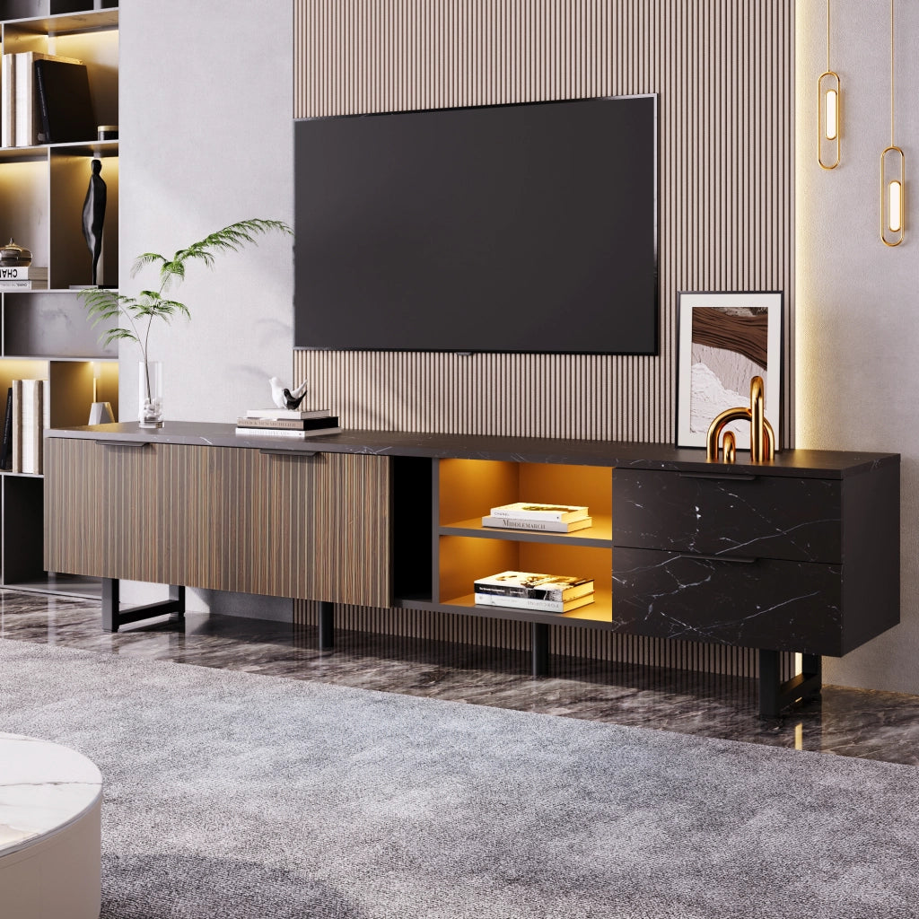 OKWISH Mobile TV con 2 Ante, 2 Cassetti, 2 Vani e LED, per Soggiorno, in MDF, Nero ed Effetto Legno, 200 x 38 x 50 cm