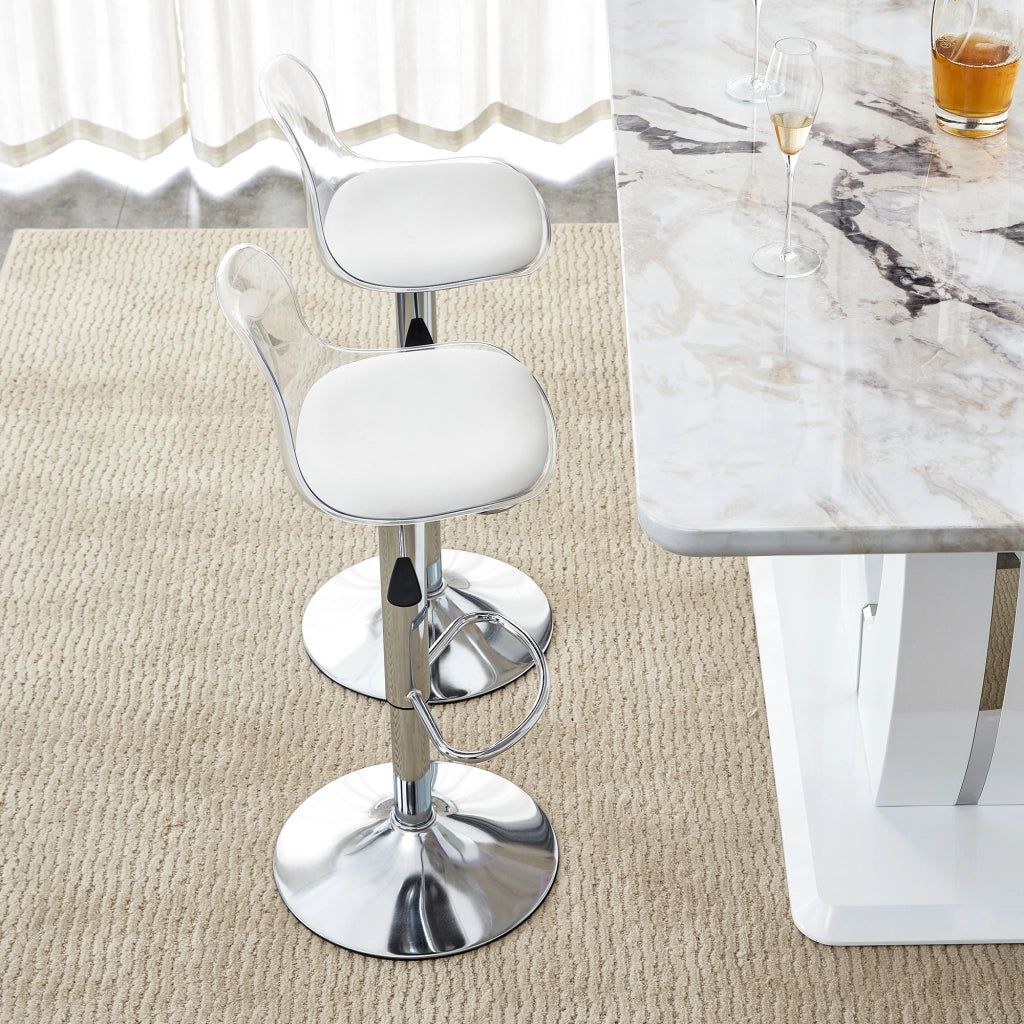 Sgabello da bar girevole con altezza regolabile e schienale trasparente in metallo bianco e argento 82 × 104 cm
