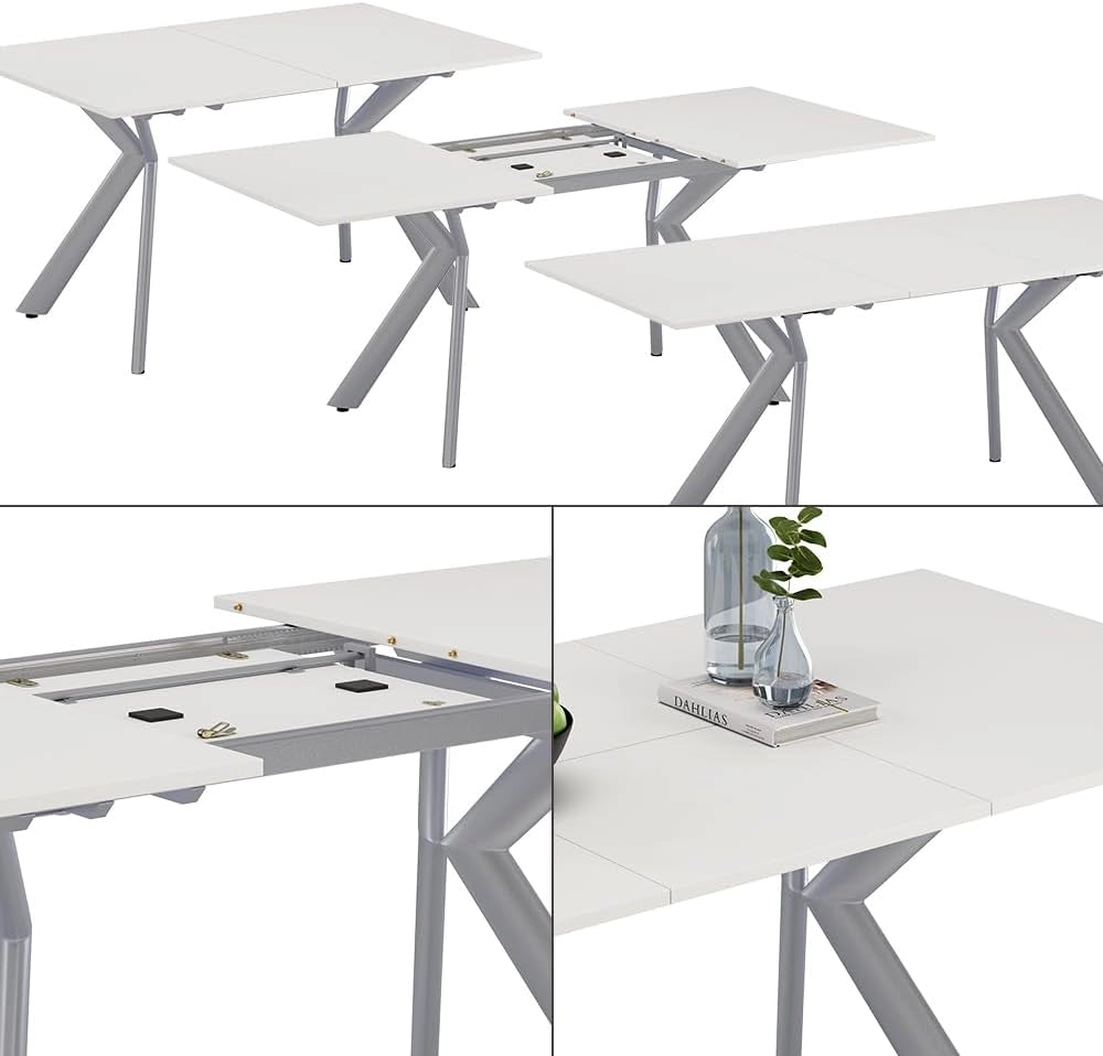 Tavolo da pranzo Trill, Bianco/Grigio, 140 x 90 cm Estensibile, con estrazione sincronizzata per lunghezze del tavolo variabili