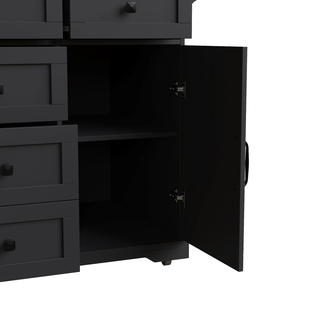 Carrello da Cucina Pieghevole con Piano Ribaltabile e Vano Contenitore; in MDF e Metallo; 147 x 44 x 93 cm; Nero