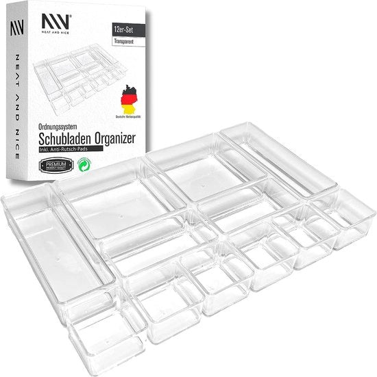 12 organizzatori di cassetto trasparenti con inserti antiscivolo in 4 diverse mattonelle | sistema di organizzazione per ufficio, bagno, cucina | organizzatore di make-up per make-upboard
