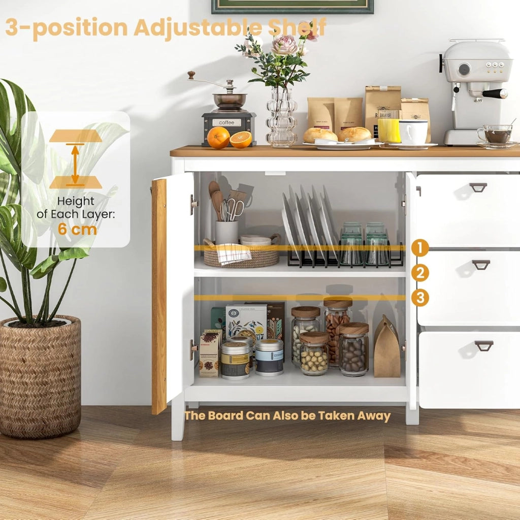 Credenza da cucina con 3 cassetti e 1 armadio con ante e protezione antiribaltamento e ripiano regolabile, per soggiorno, cucina, sala da pranzo, 106 x 40 x 80 cm