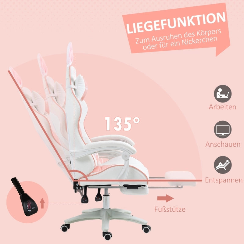 Chaise de bureau gaming ergonomica con poggiapiedi cuscini removibili e orecchie da coniglio in pelle sintetica rosa