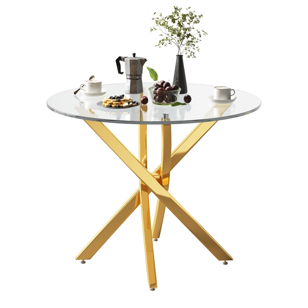 Tavolo rotondo in vetro temperato 80 cm, struttura color oro, design moderno con base a croce