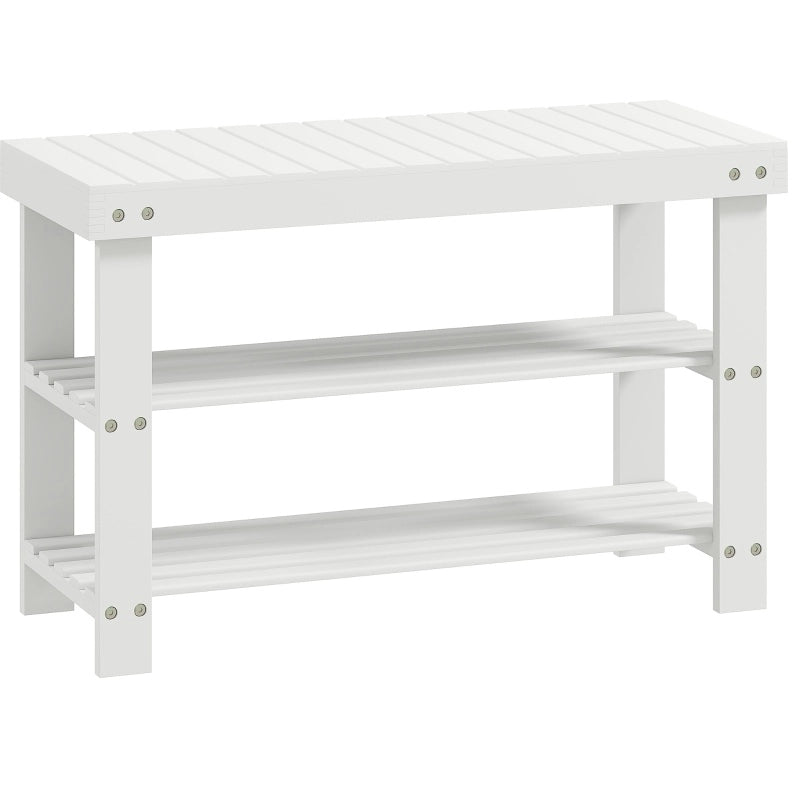 Panca Porta Scarpe in Bambù con Doppio Ripiano, 70x28x45 cm, Bianco
