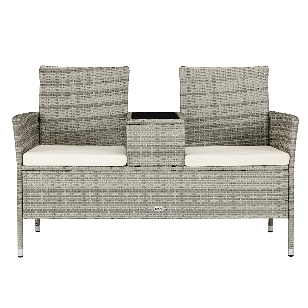 Panca da Giardino con Tavolino Integrato 123x54x 82,5 cm in Polyrattan e Vetro Grigio