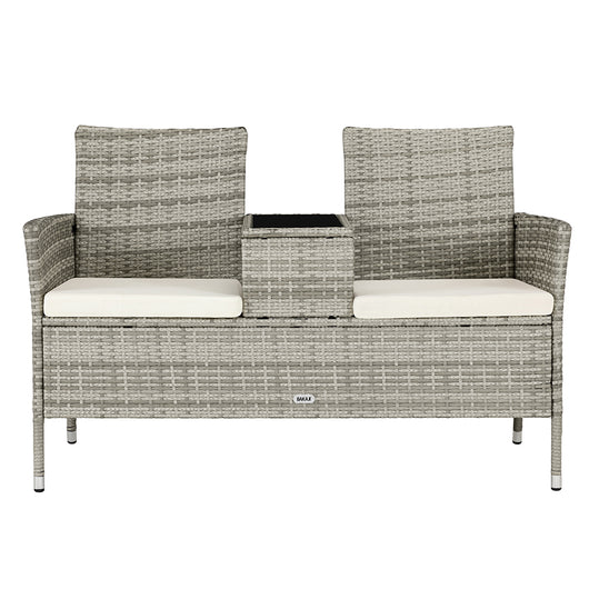 Panca da Giardino con Tavolino Integrato 123x54x 82,5 cm in Polyrattan e Vetro Grigio