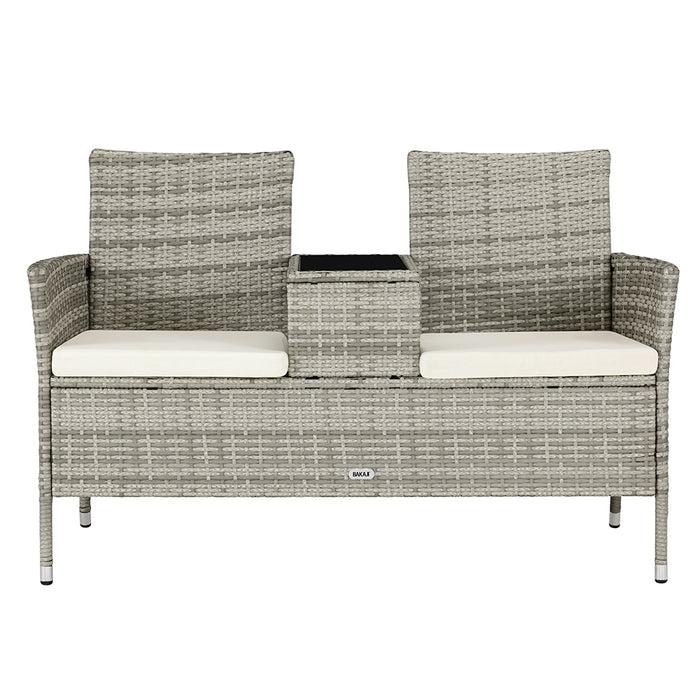 Panca da Giardino con Tavolino Integrato 123x54x 82,5 cm in Polyrattan e Vetro Grigio
