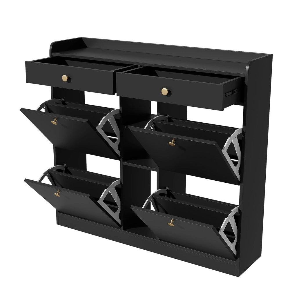 Scarpiera con 4 Ante a Ribalta, 2 Cassetti e 3 Ripiani ¨C MINIMAL ¨C Nero, 110x26x100 cm
