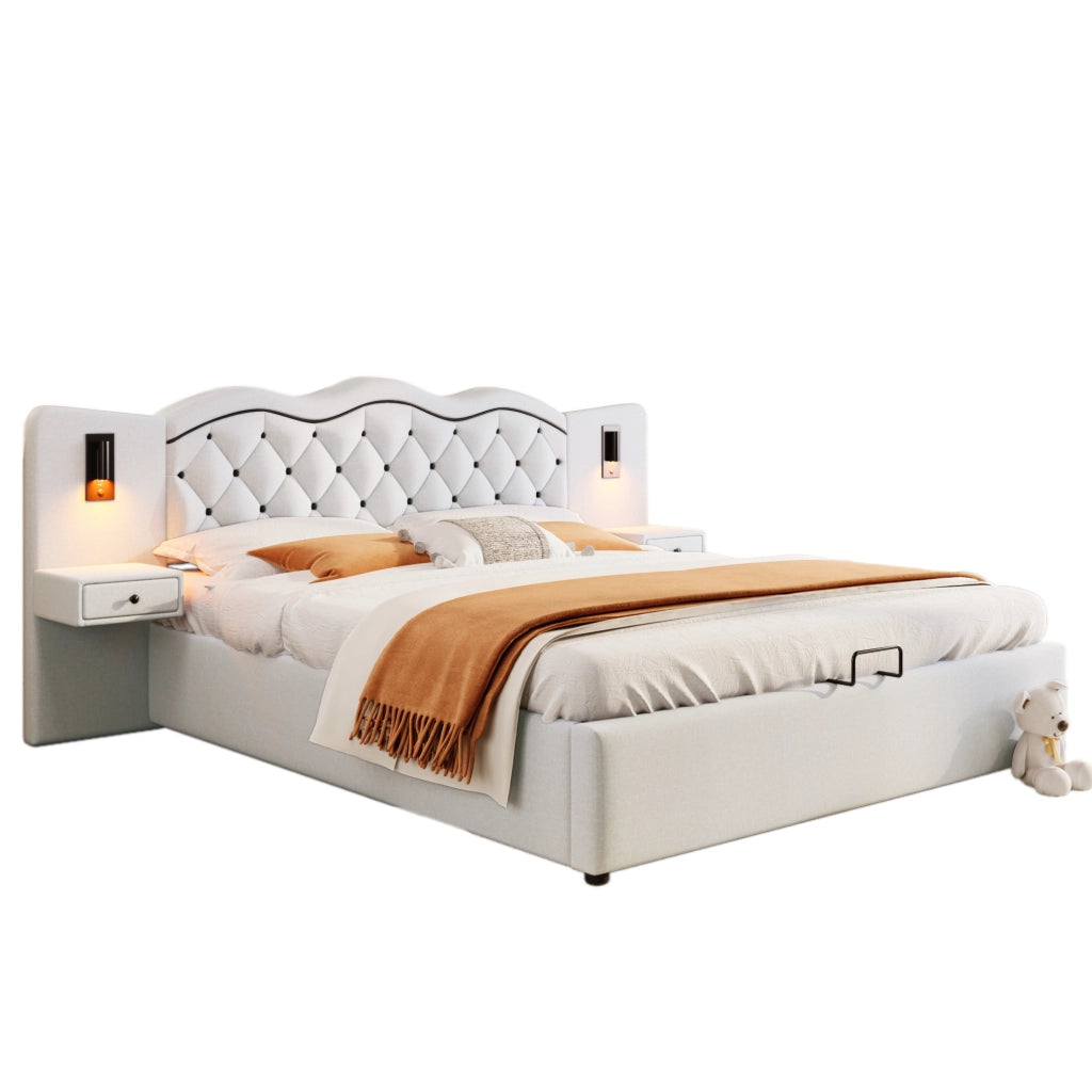 Letto imbottito 180x200 cm; alzata idraulica e luci; lino e MDF; beige