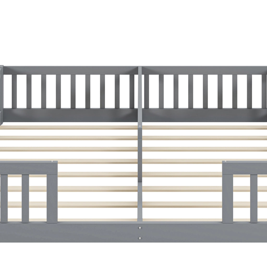 OKWISH Letto Bambino 90×200 cm, Letto Singolo a Terra con 2 Posti Letto, Sponde di Sicurezza, con Doghe e senza Materasso, Grigio