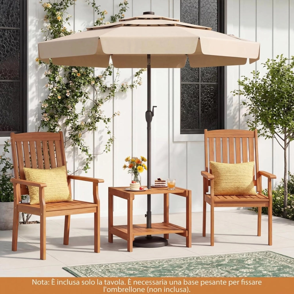 Tavolino da Esterno con Foro per Ombrellone 4 cm, Tavolo da Balcone in Legno Massello, a 2 Ripiani, Salvasapzio, per Giardino, Terrazzo, Cortile, Portata 40 kg, 51 x 48 x 45 cm
