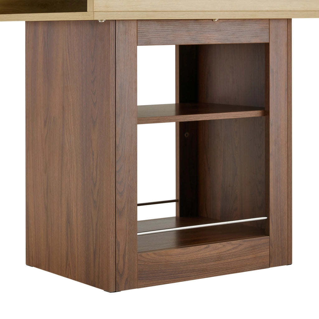 Tavolo allungabile 130x80x160x80 cm con 2 ripiani integrati; MDF naturale e noce