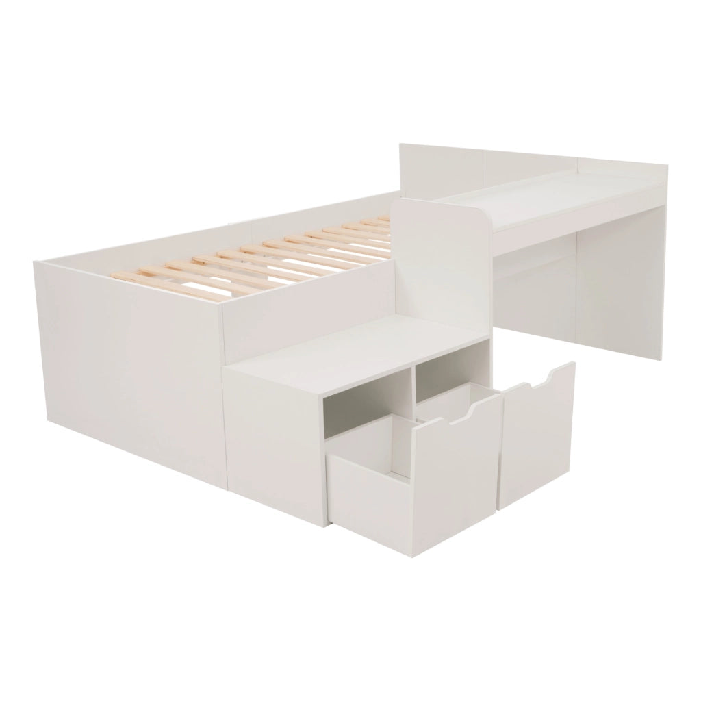 Letto per bambini 90x200 cm con scrivania e 2 cassetti, in legno massello e MDF, bianco