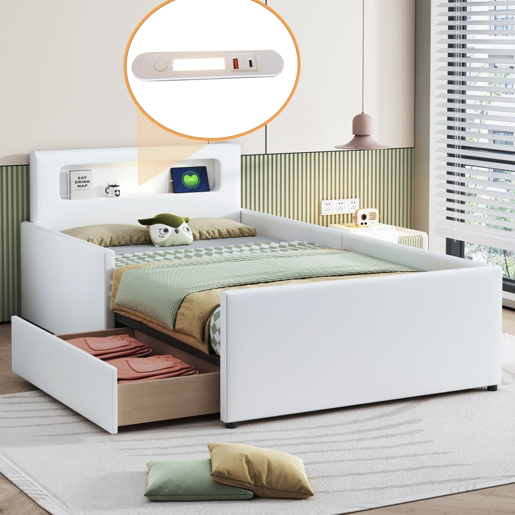OKWISH Letto Bambini 90×200 cm, Letto Singolo con USB, Luce Notturna e Cassetto, senza Materasso, in Ecopelle, Bianco