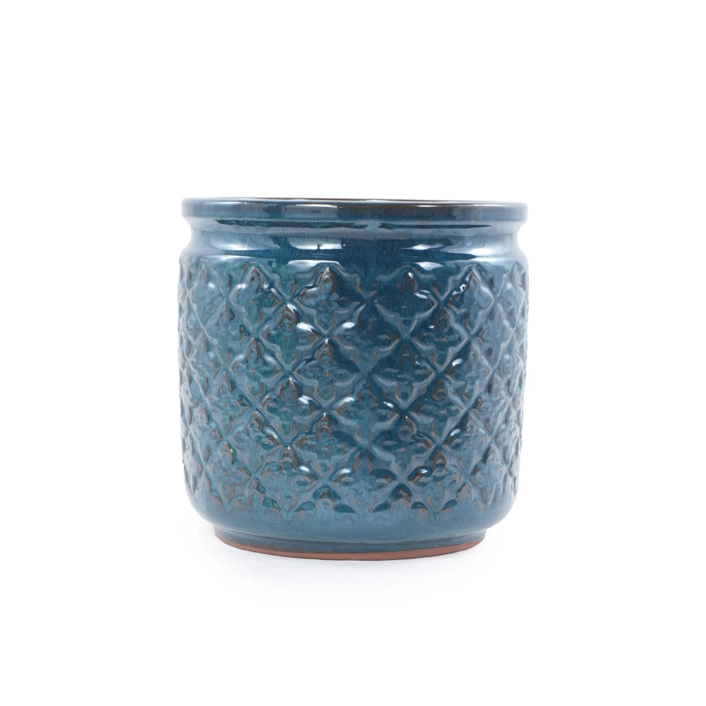 Set di 3 vasi in ceramica smaltata blu petrolio con rilievo diamantato, drenaggio e uso interno/esterno