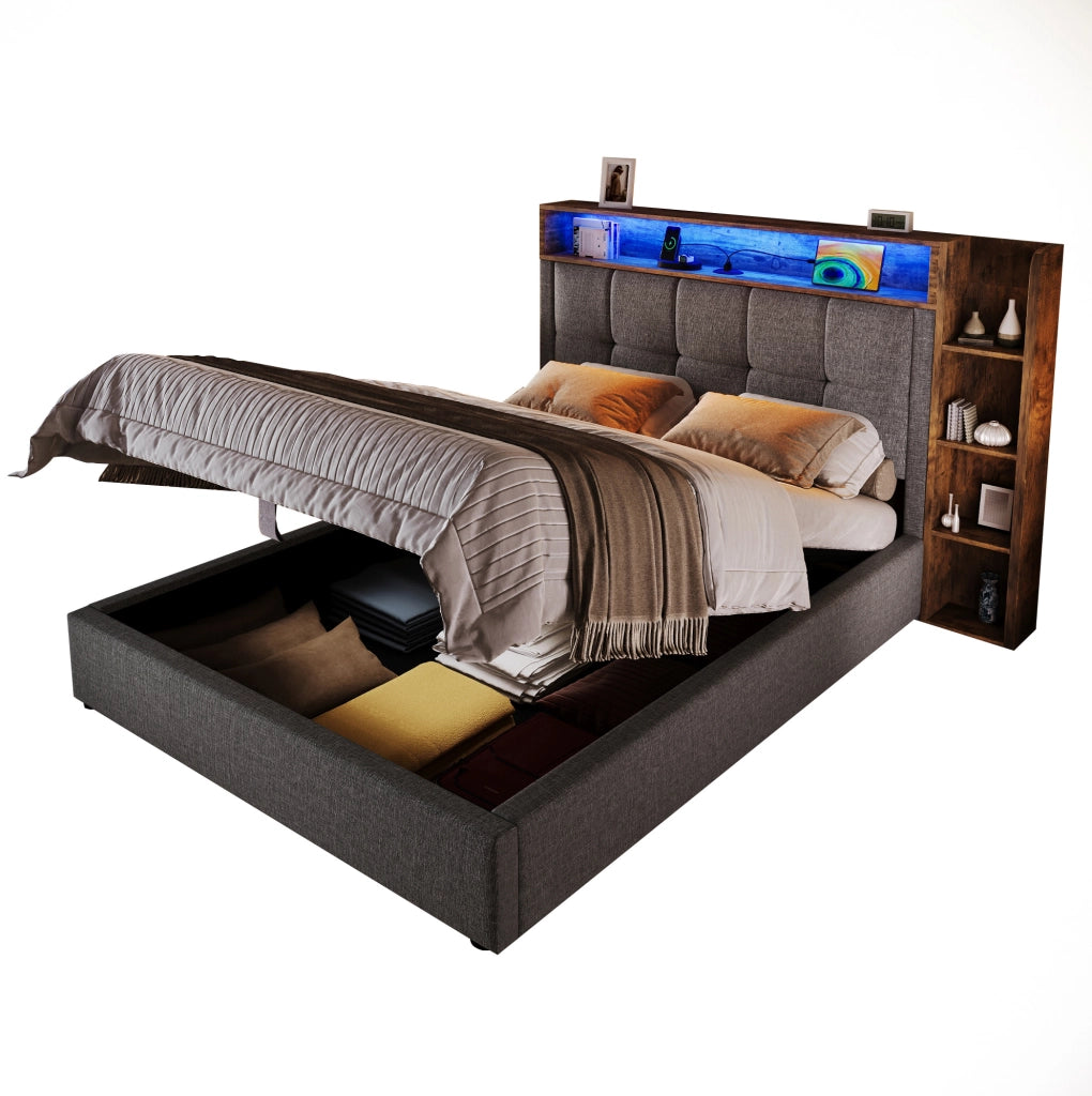 Letto imbottito 90x200 cm con USB; LED e contenitore in lino e MDF grigio