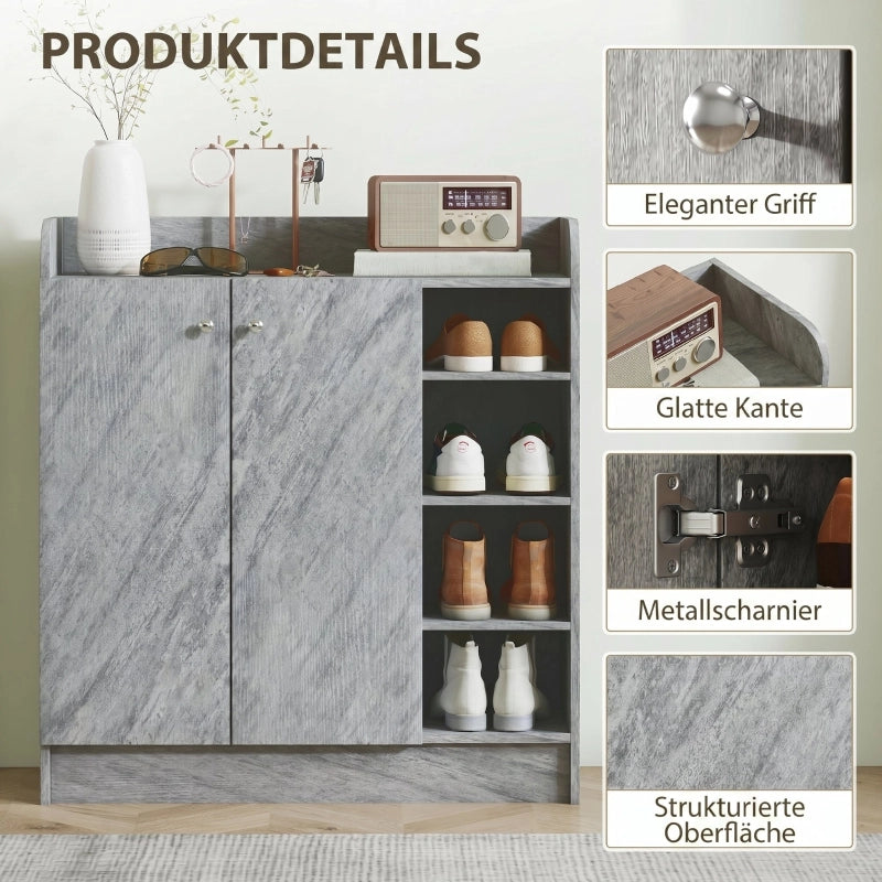 Armadietto per scarpe con 2 ante e 4 vani aperti con ripiano rialzato per ingresso in legno grigio 83 × 30 × 90 cm
