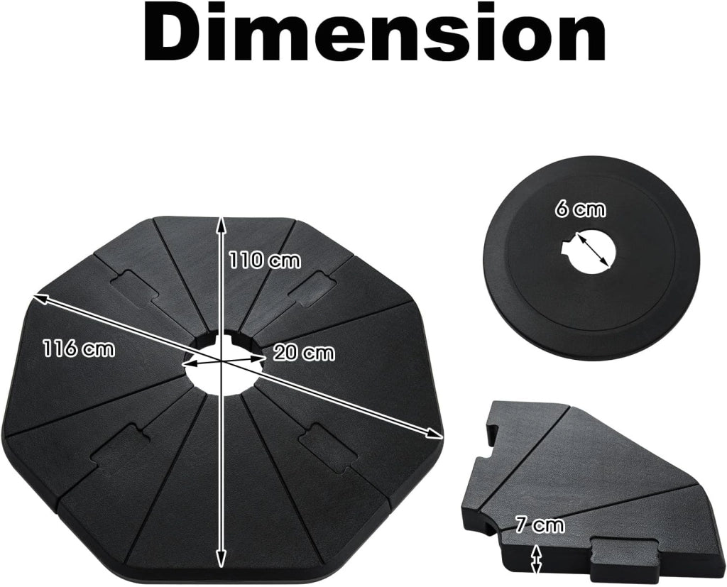 Set di 4 piedini per ombrellone, riempiti con acqua o sabbia, set di 4 piastrelle per ombrelloni in HDPE, supporto per ombrellone per spiaggia, giardino, balcone, terrazzo, ottagonale, 116 x