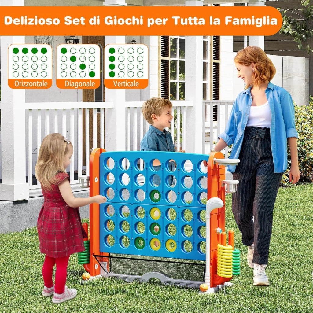 4 in 1 Forza 4 Gigante, Set di Gioco 4 in Fila con Lancio degli Anelli, Canestro da Basket, Palla, Mazza da Golf, Porta Bicchieri, Borsa e Tasca a Rete, Forza 4 Regolabile in Altezza (Azzurro)