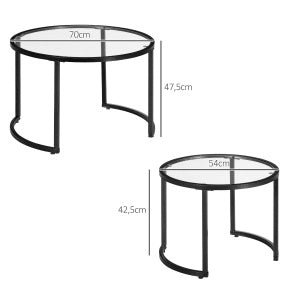 Set 2 tavolini ULEVR in vetro temperato e acciaio nero, ?70 e ?54 cm, parzialmente sovrapponibili